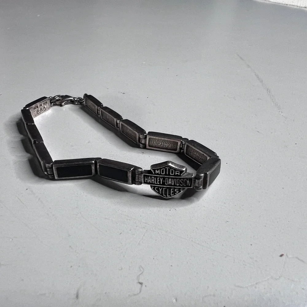 Harley-Davidson Sterling Silver‎ 925 Bar and Shield Link Bracelet Black Inlay 7